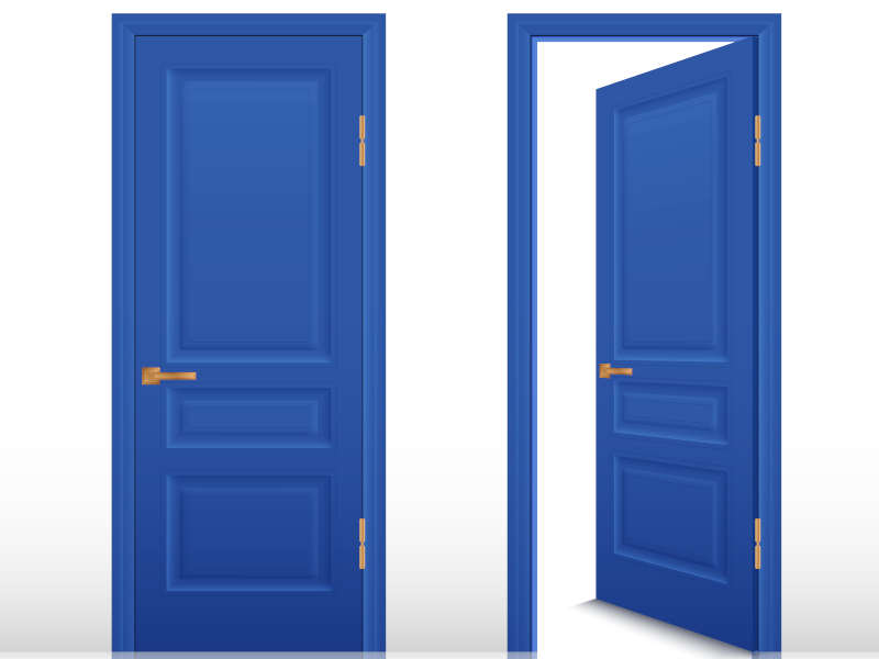 Two blue doors with a white background. One of the doors is closed, while the other is open.
