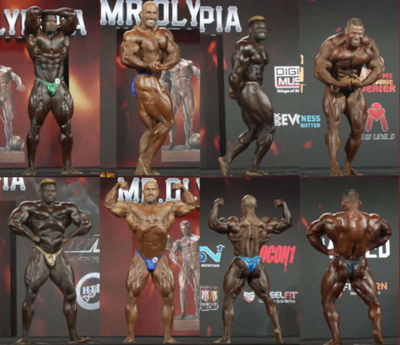 A collage of 8 bodybuilders doing the mandatory bodybuilding poses on stage during a bodybuilding competition.