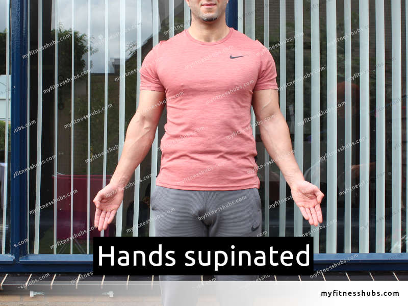 A fit man wearing workout clothing while standing outside in front of a window, with his hands supinated.