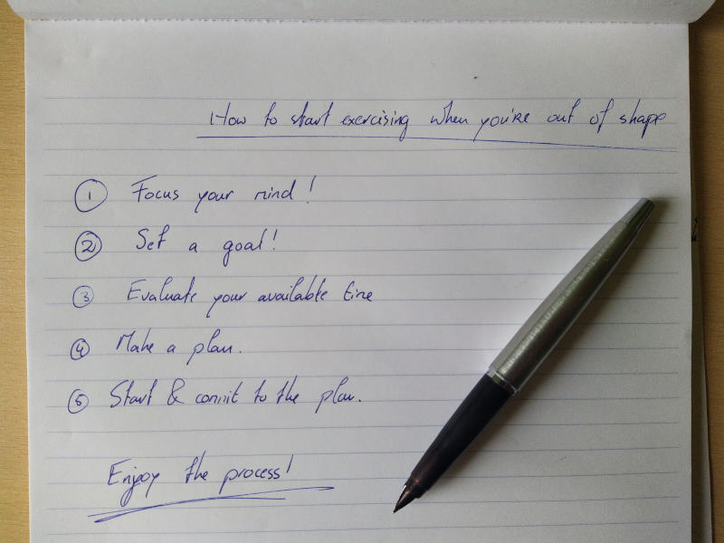 A plan that's written on paper consisting of 5 steps on how to start exercising when you're out of shape.