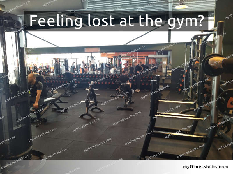 The free weights section in a random gym, with people working out. A text is overlaid on the image with the words 'Feeling lost at the gym?'