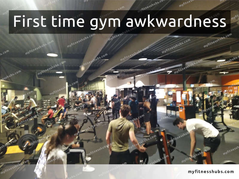 A crowded gym with text overlaid reading First time gym awkwardness.