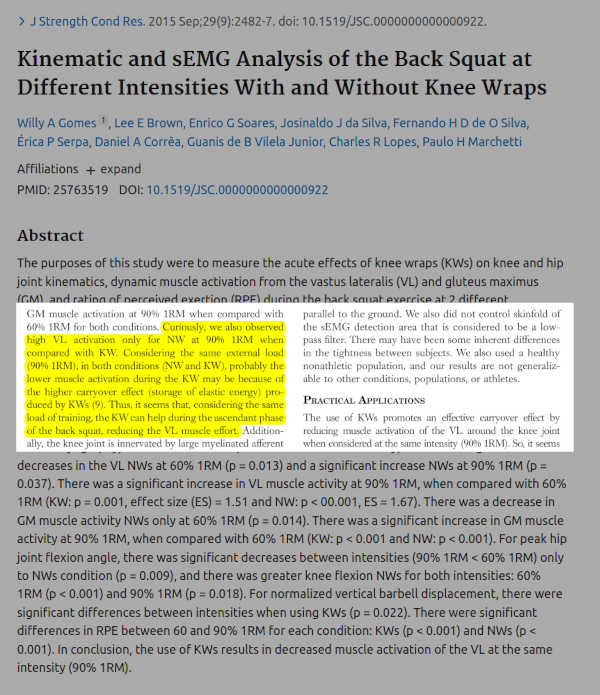 A screenshot of a scientific article, with the abstract in the back and an important result about how knee wraps allow you to squat heavier, being highlighted.