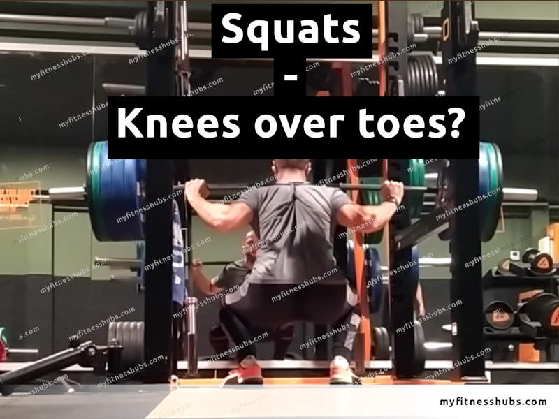 Back view of a young, athletic man in the bottom position of a heavy squat in the gym, with an overlay of text consisting of the words Squats - Knees over toes?