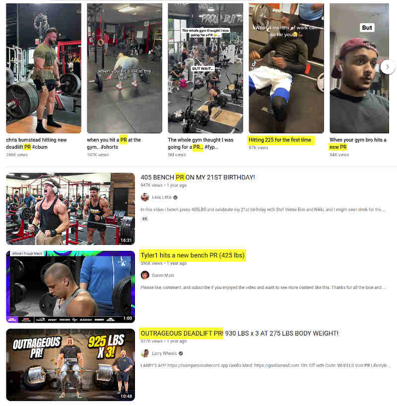 A screenshot of the Youtube web interface with thumbnails of videos about PRs in gym