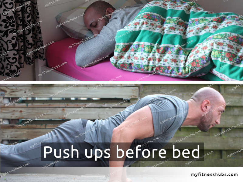 A collage of 2 images stacked on top of each other. The top  image shows a fit man sleeping in bed and the bottom image shows a side view of the same fit man, but in workout clothing, doing a push-up. Text saying push ups before bed is laid over the collage.