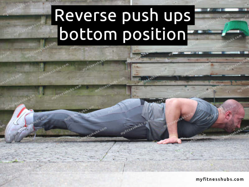 A side view of an athletic man in the bottom position of a reverse push up done outdoors.