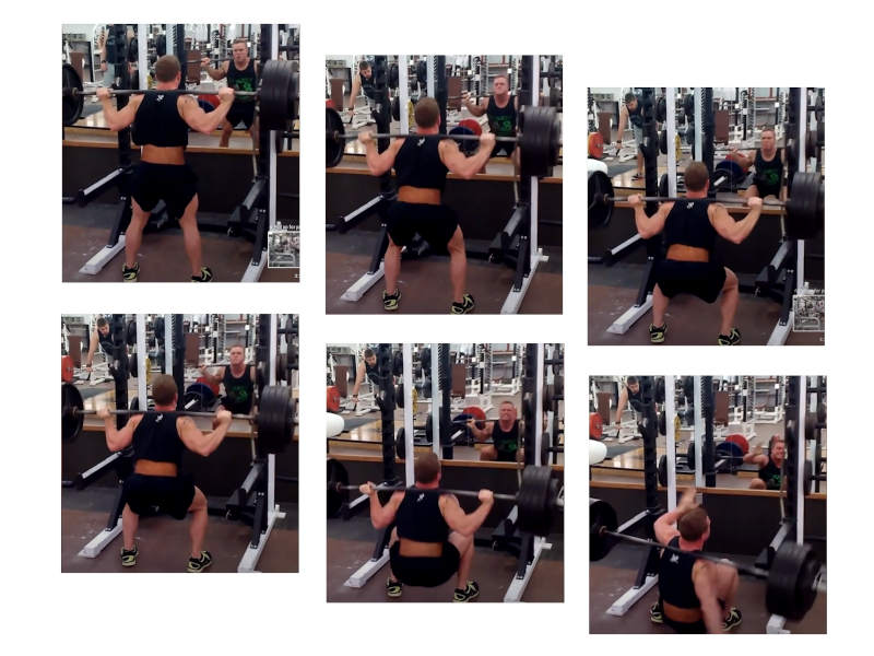A collage of images showcasing a man squatting with heavy weights, but failing to lift the weight back up.