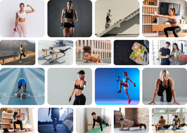 Collage with images of men and women performing all types of fitness activities